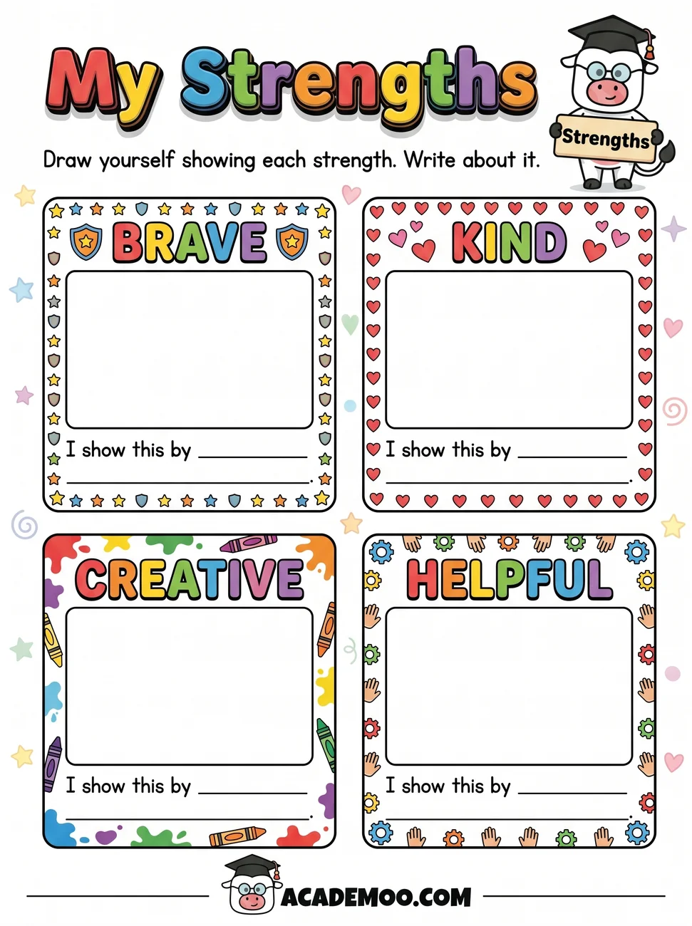 My Strengths worksheet — kindergarten language arts printable PDF · Free printable my strengths worksheet for Kindergarten.