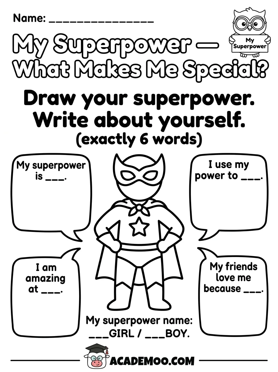 My Superpower What Makes Me Special worksheet — pre-k language arts printable PDF · Free printable My Superpower What Makes Me Special worksheet for Pre-K.