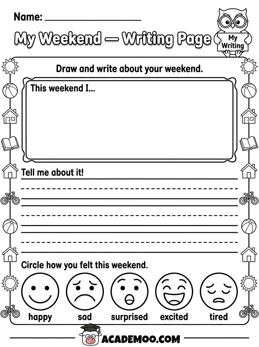 My Weekend Writing Page worksheet — kindergarten language arts printable PDF · Free printable my weekend writing page worksheet for Kindergarten.
