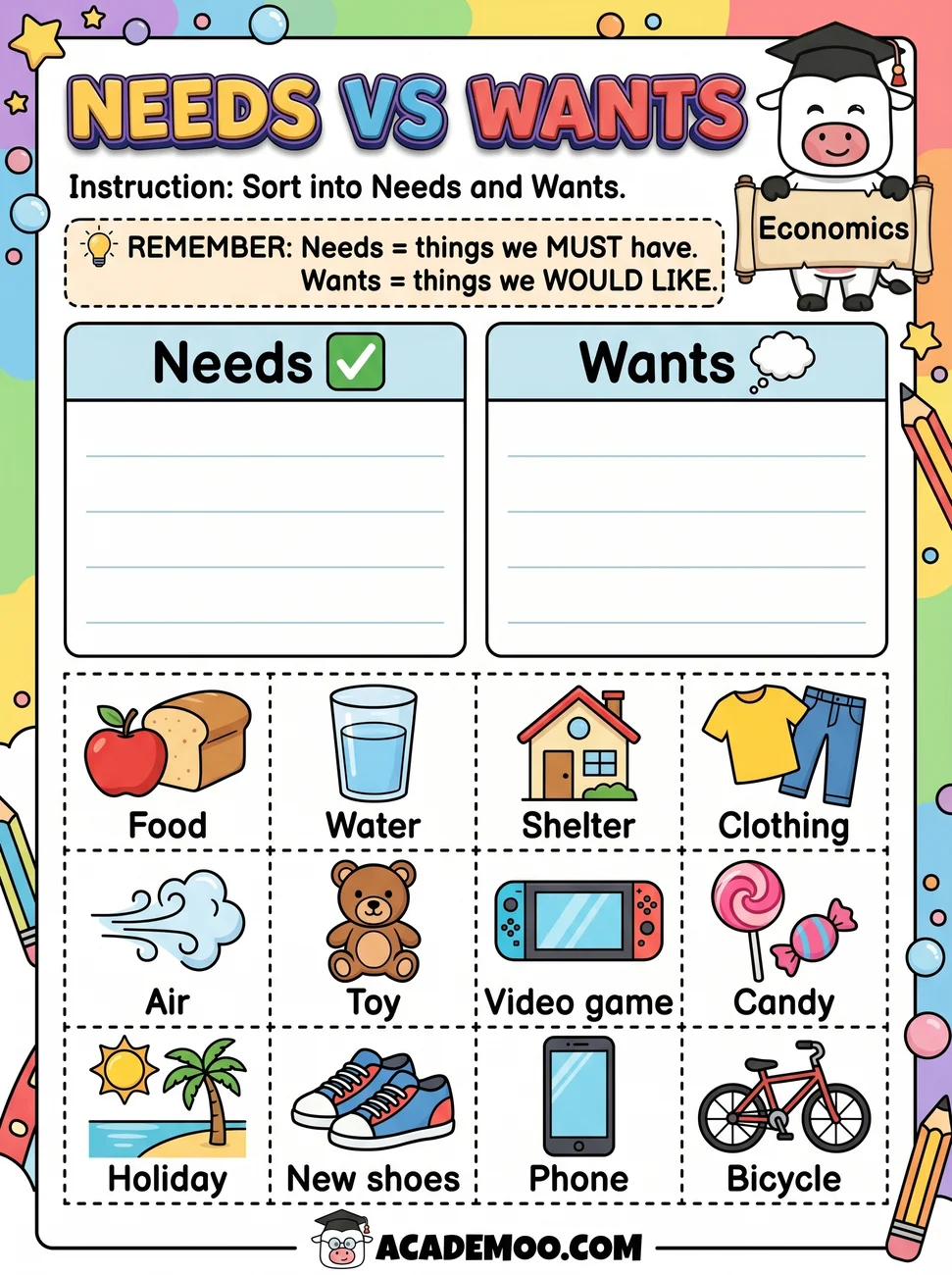 Needs vs Wants Sort worksheet — kindergarten language arts printable PDF · Free printable needs vs wants sort worksheet for Kindergarten.