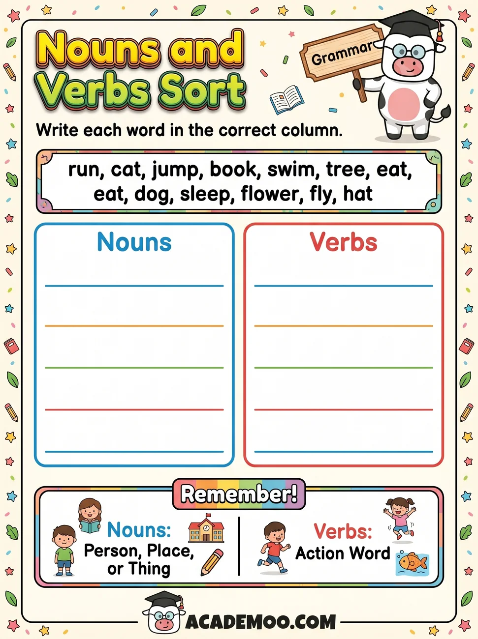 Nouns and Verbs Sort worksheet — kindergarten language arts printable PDF · Free printable nouns and verbs sort worksheet for Kindergarten.