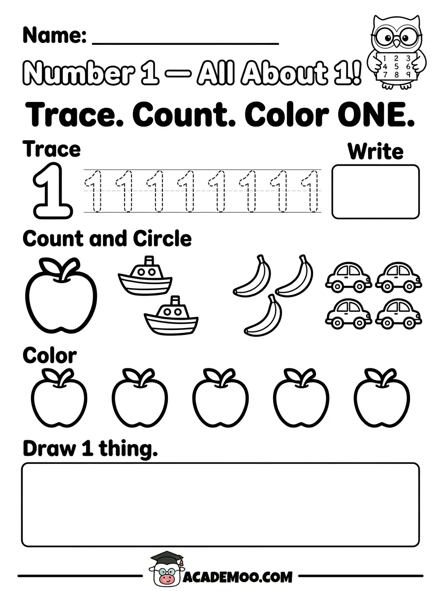 Number 1 All About 1 worksheet — pre-k math printable PDF · Free printable number 1 all about 1 worksheet for Pre-K.