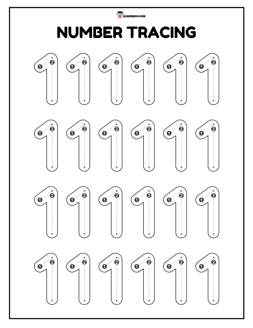 Number 1 Tracing worksheet — pre-k math printable PDF · Printable number 1 tracing worksheet for Pre-K.