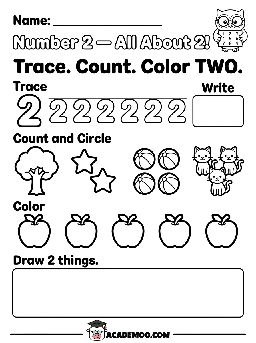 Number 2 All About 2 worksheet — pre-k math printable PDF · Free printable number 2 all about 2 worksheet for Pre-K.