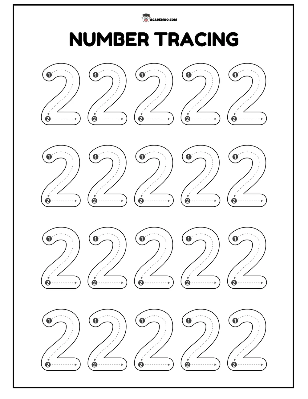 Number 2 Tracing worksheet — pre-k math printable PDF · Printable number 2 tracing worksheet for Pre-K.