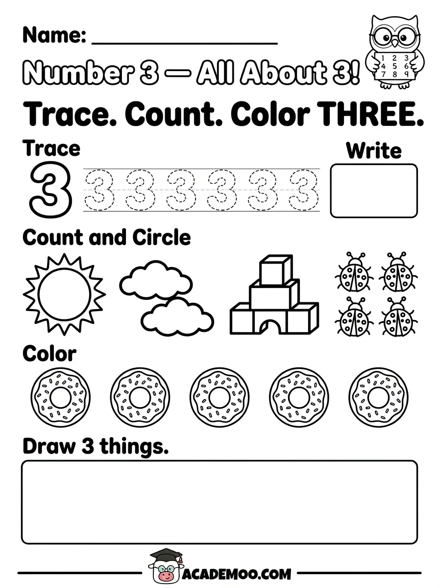 Number 3 All About 3 worksheet — pre-k math printable PDF · Free printable number 3 all about 3 worksheet for Pre-K.