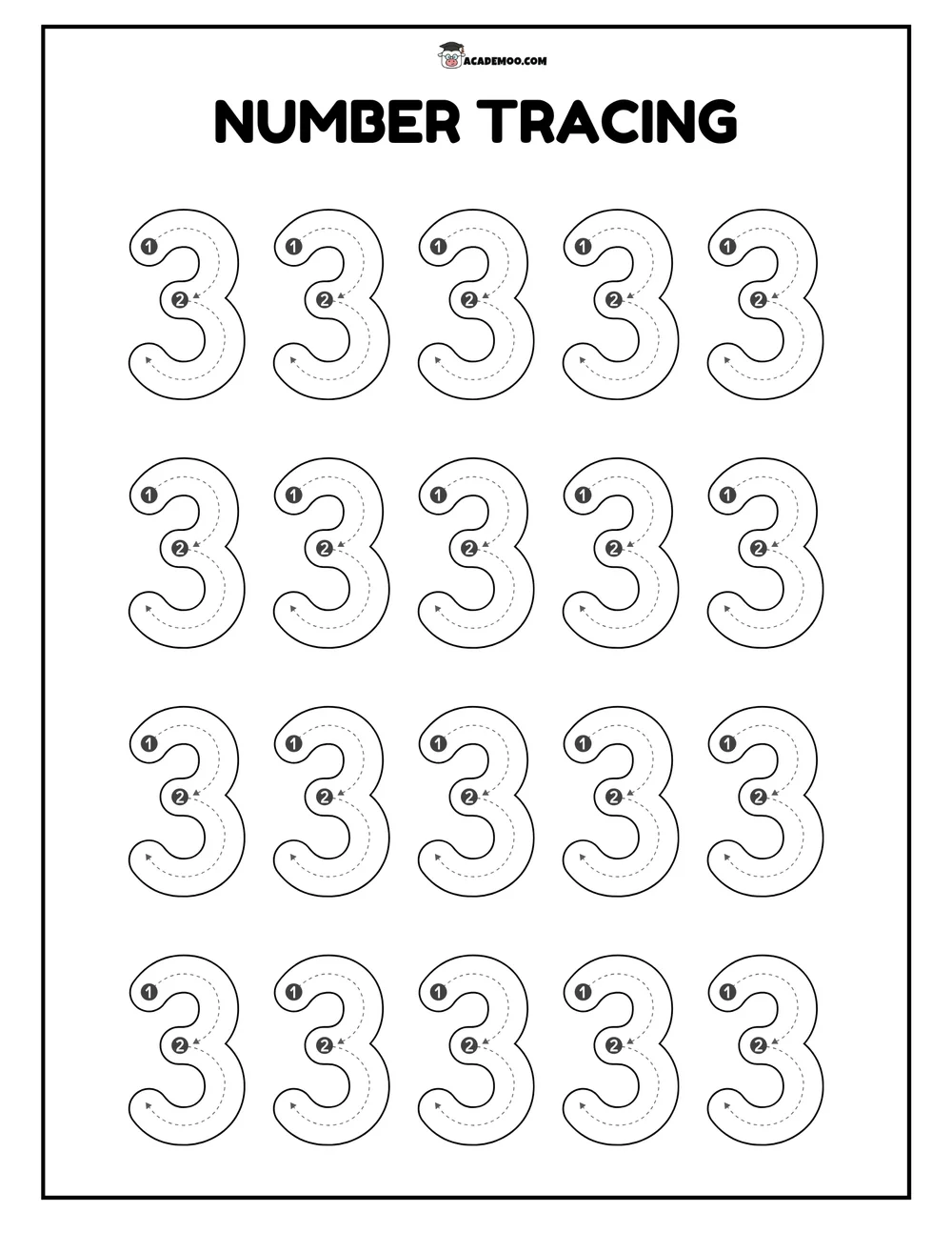 Number 3 Tracing worksheet — pre-k math printable PDF · Printable number 3 tracing worksheet for Pre-K.