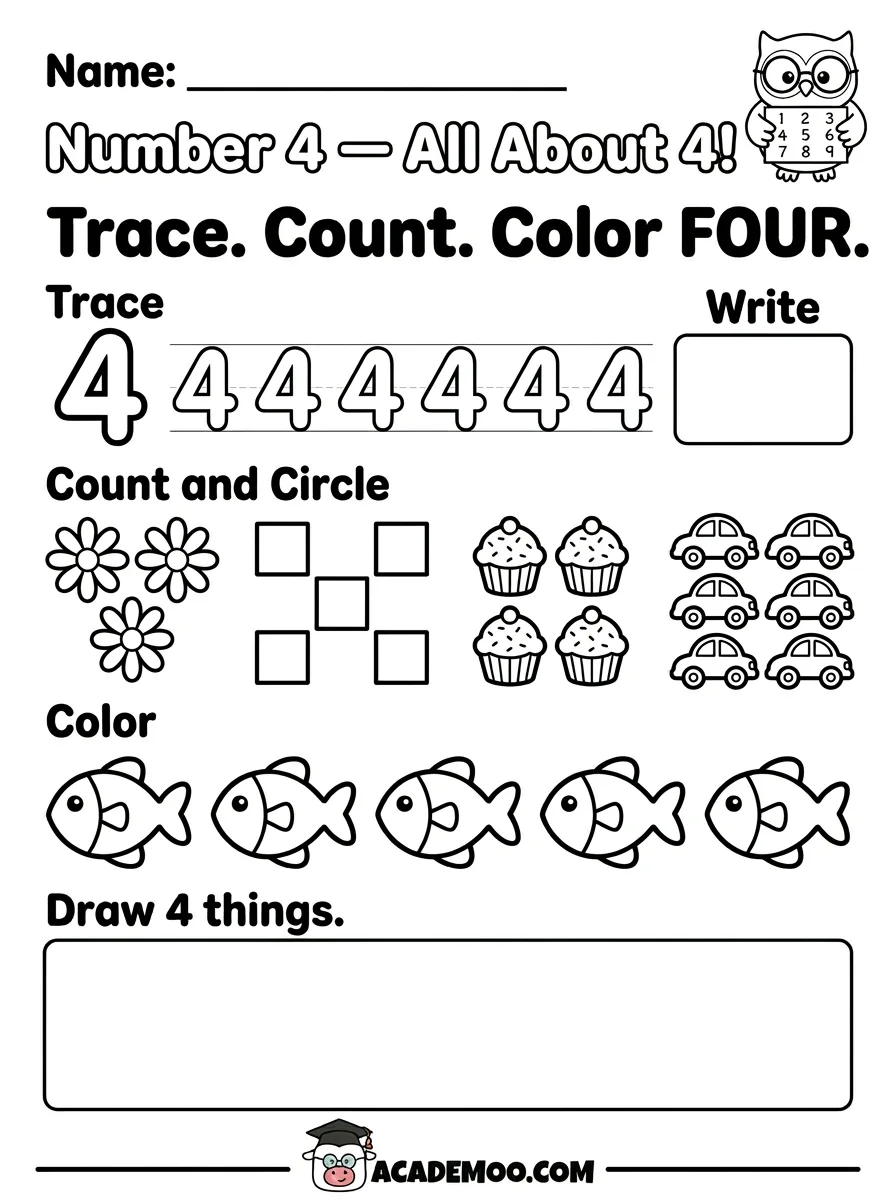 Number 4 All About 4 worksheet — pre-k math printable PDF · Free printable number 4 all about 4 worksheet for Pre-K.