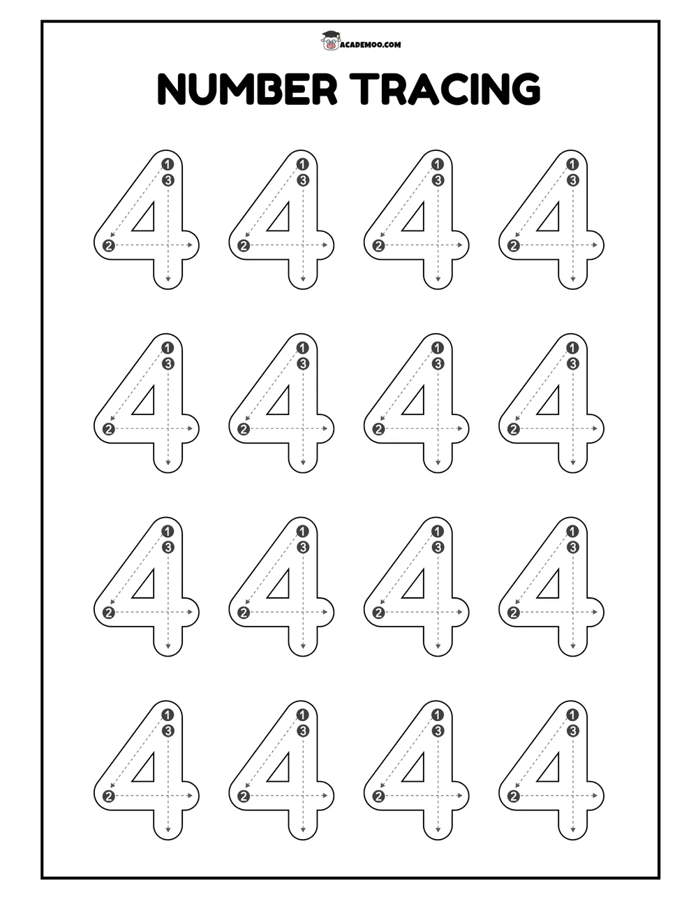 Number 4 Tracing worksheet — pre-k math printable PDF · Printable number 4 tracing worksheet for Pre-K.