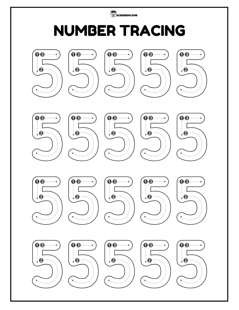 Number 5 Tracing worksheet — pre-k math printable PDF · Printable number 5 tracing worksheet for Pre-K.