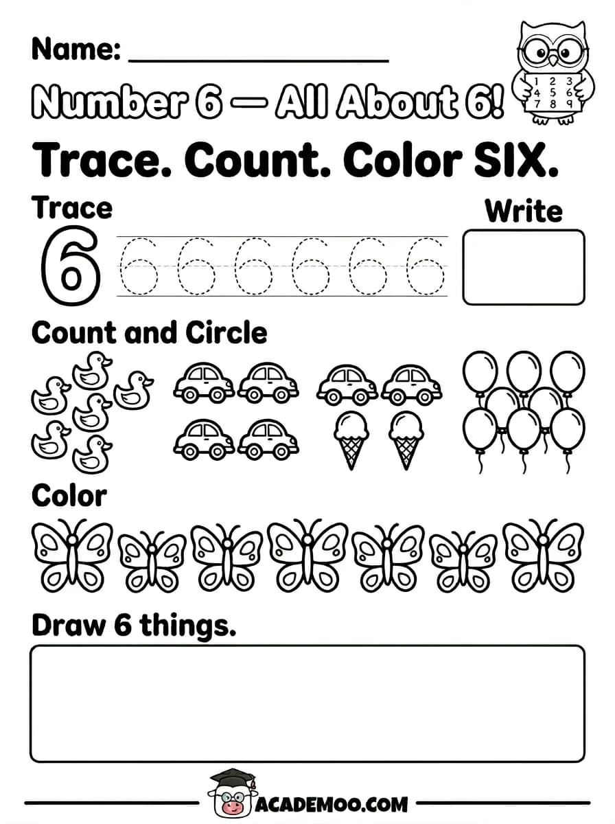 Number 6 All About 6 worksheet — kindergarten math printable PDF · Free printable number 6 all about 6 worksheet for Kindergarten.