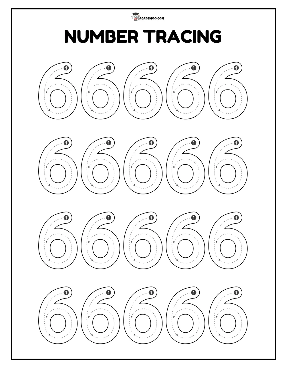 Number 6 Tracing worksheet — pre-k math printable PDF · Printable number 6 tracing worksheet for Pre-K.