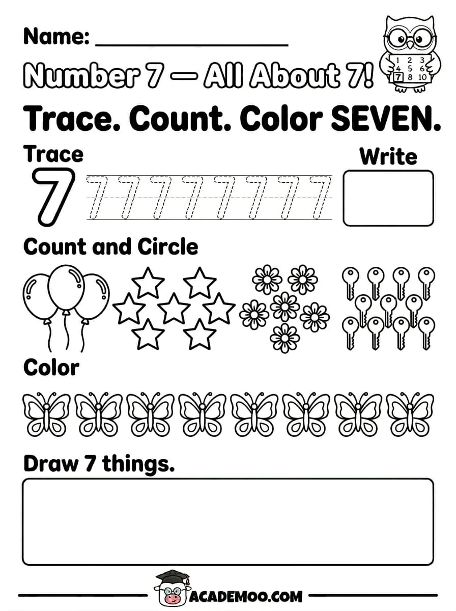 Number 7 All About 7 worksheet — kindergarten math printable PDF · Free printable number 7 all about 7 worksheet for Kindergarten.