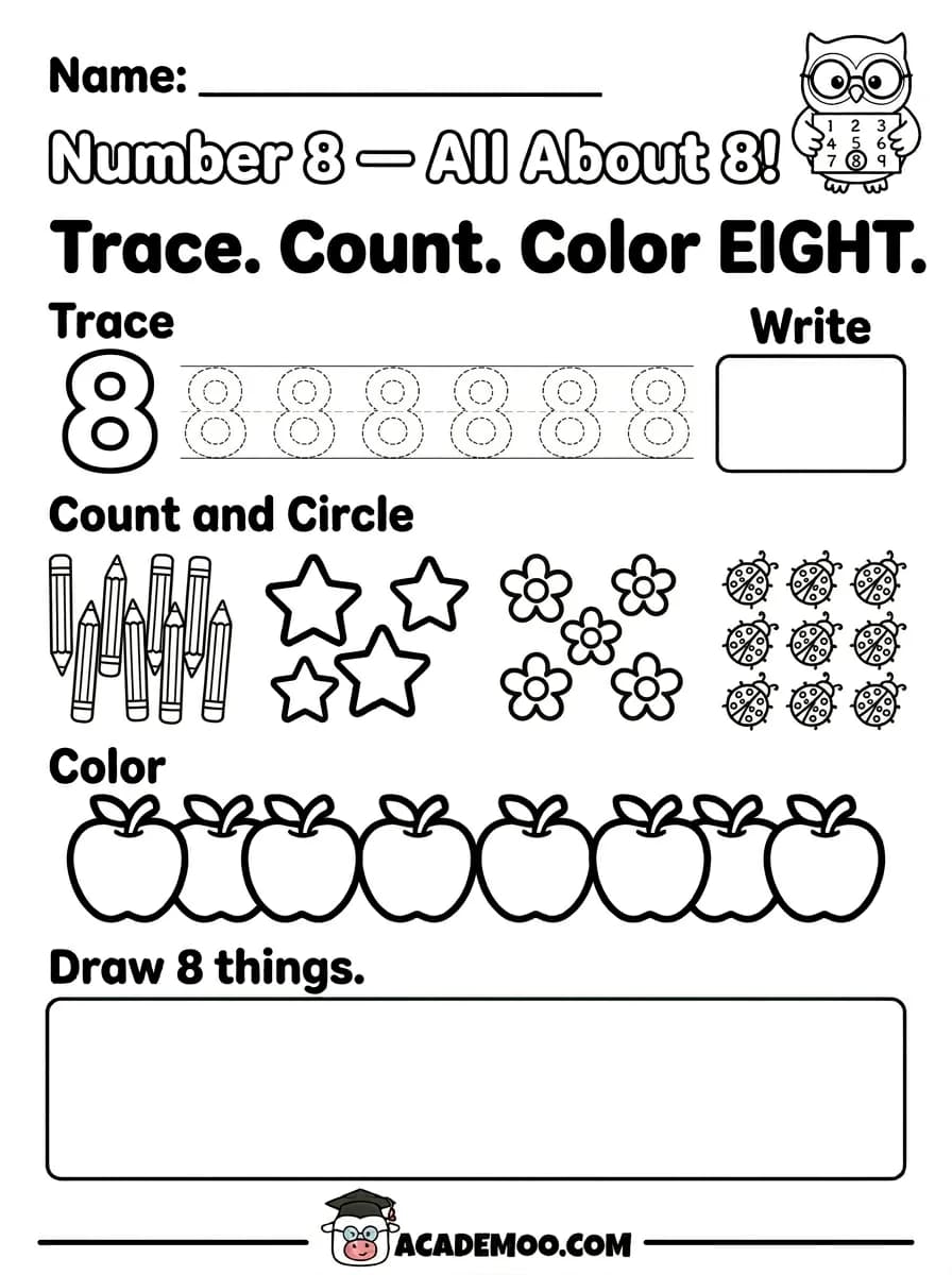 Number 8 All About 8 worksheet — kindergarten math printable PDF · Free printable number 8 all about 8 worksheet for Kindergarten.