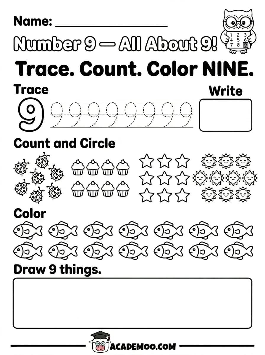 Number 9 All About 9 worksheet — kindergarten math printable PDF · Free printable number 9 all about 9 worksheet for Kindergarten.