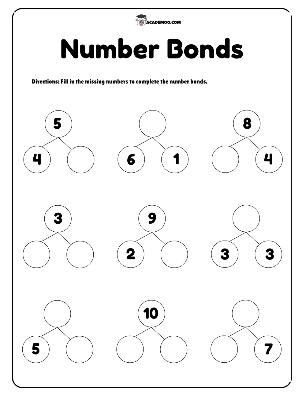 Number Bonds worksheet — kindergarten math printable PDF · Printable number bonds worksheet for Kindergarten.