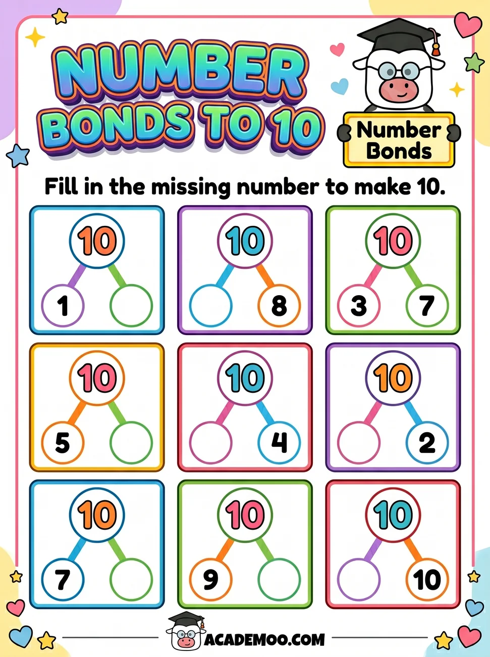 Number Bonds to 10 worksheet — kindergarten math printable PDF · Free printable number bonds to 10 worksheet for Kindergarten.