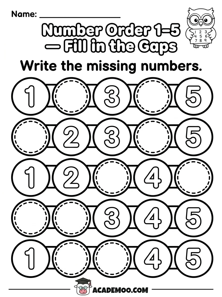 Number Order 1 to 5 worksheet — pre-k math printable PDF · Free printable number order 1 to 5 worksheet for Pre-K.