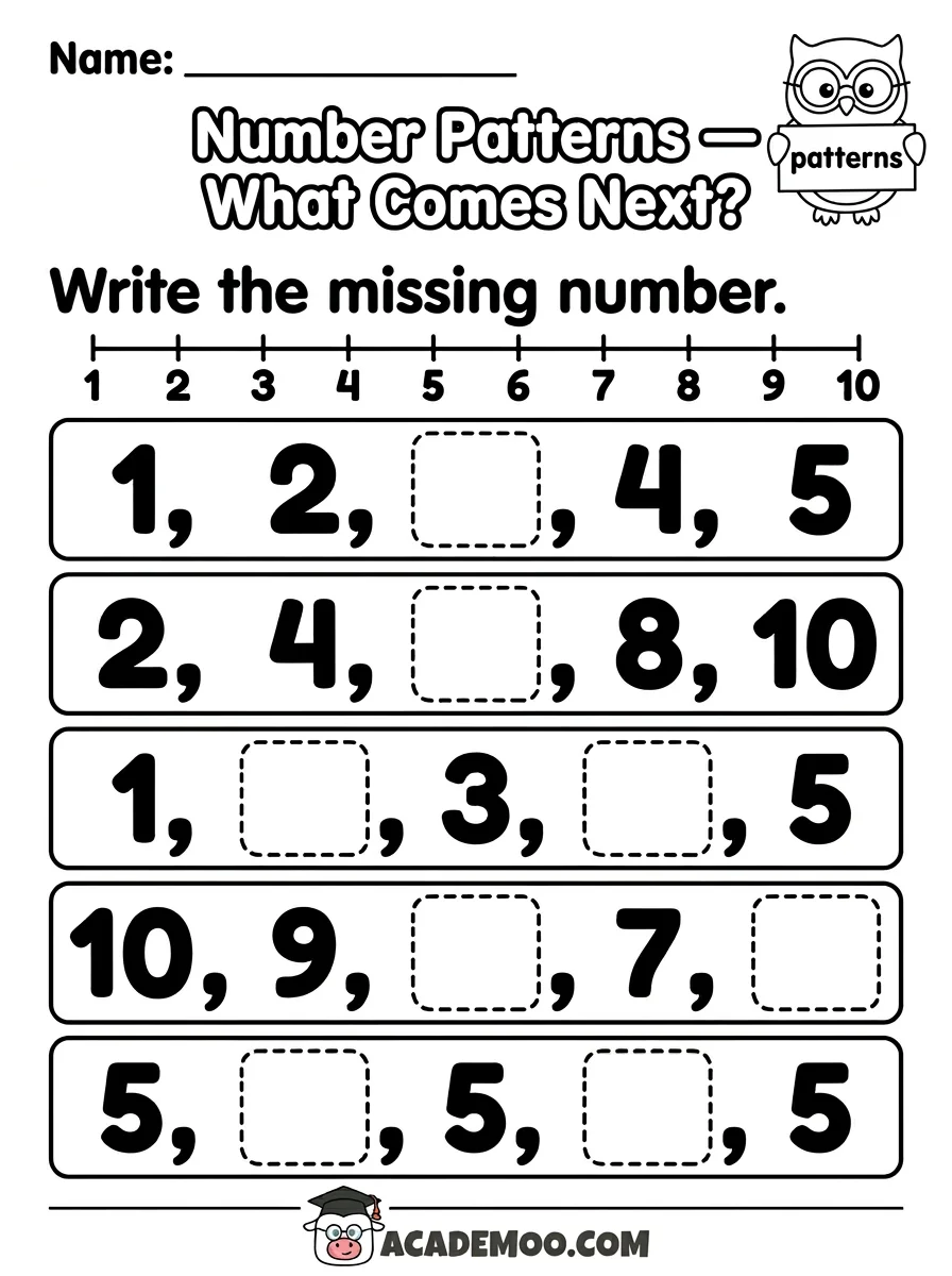 Number Patterns What Comes Next worksheet — kindergarten math printable PDF · Free printable Number Patterns What Comes Next worksheet for Kindergarten.
