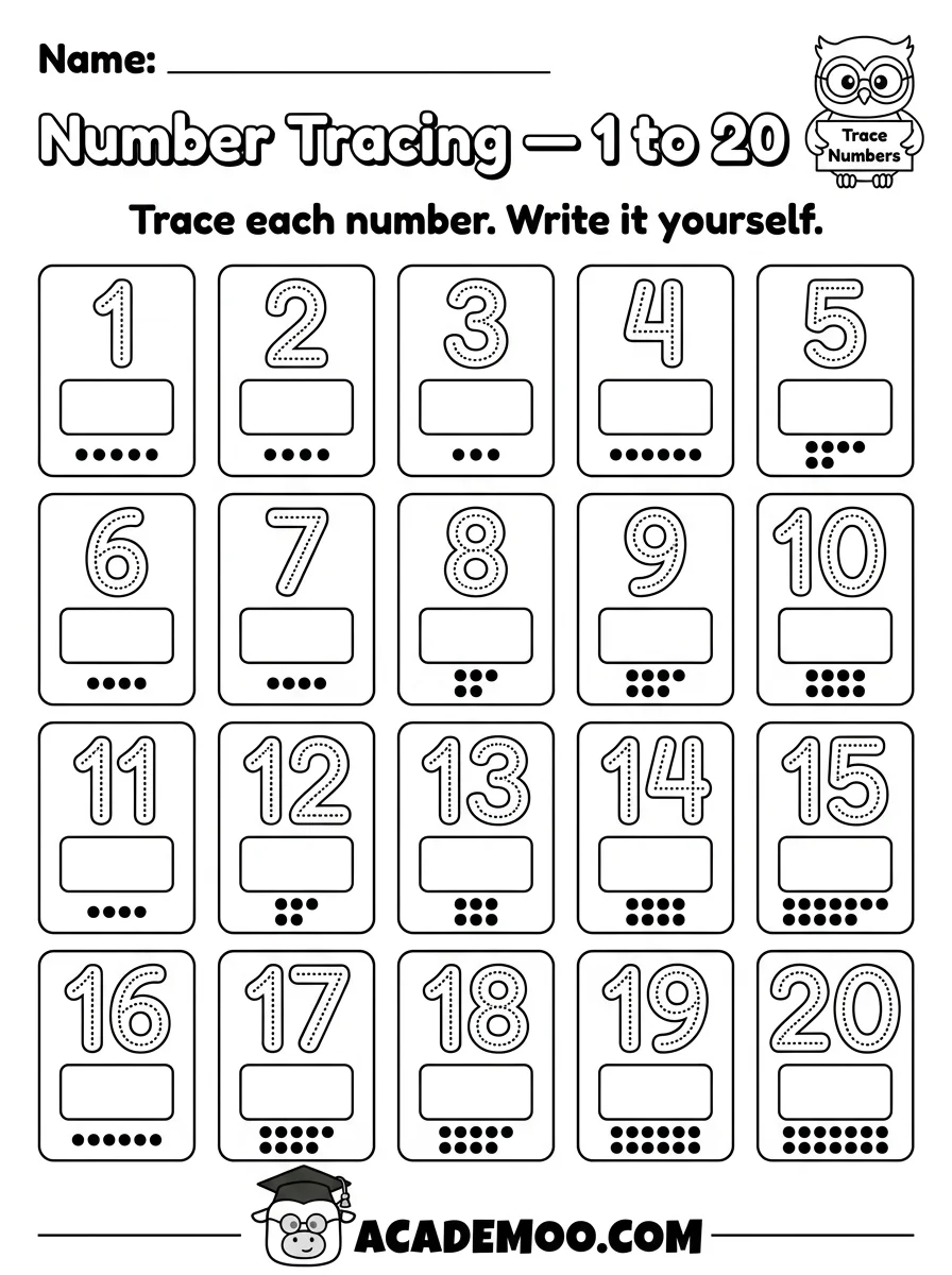 Number Tracing 1 to 20 worksheet — kindergarten math printable PDF · Free printable number tracing 1 to 20 worksheet for Kindergarten.