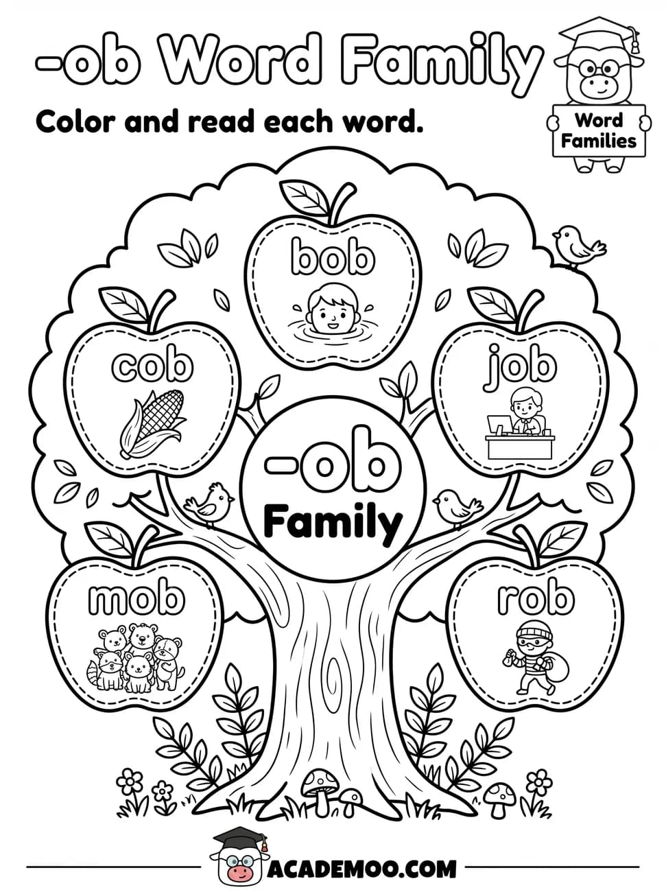 -ob Word Family worksheet — kindergarten language arts printable PDF · Color and read each -ob word on the apple tree: bob, cob, job, mob, rob.