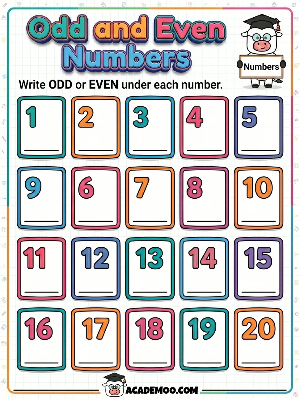 Odd and Even Numbers worksheet — 1st grade math printable PDF · Free printable odd and even numbers worksheet for 1st Grade.
