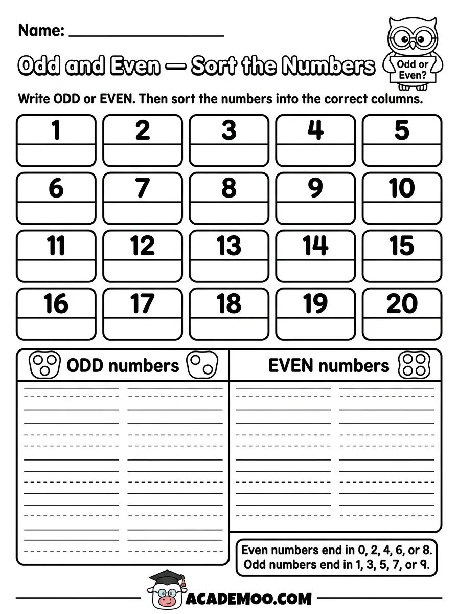 Odd and Even Sort the Numbers worksheet — 1st grade math printable PDF · Free printable odd and even sort the numbers worksheet for 1st Grade.