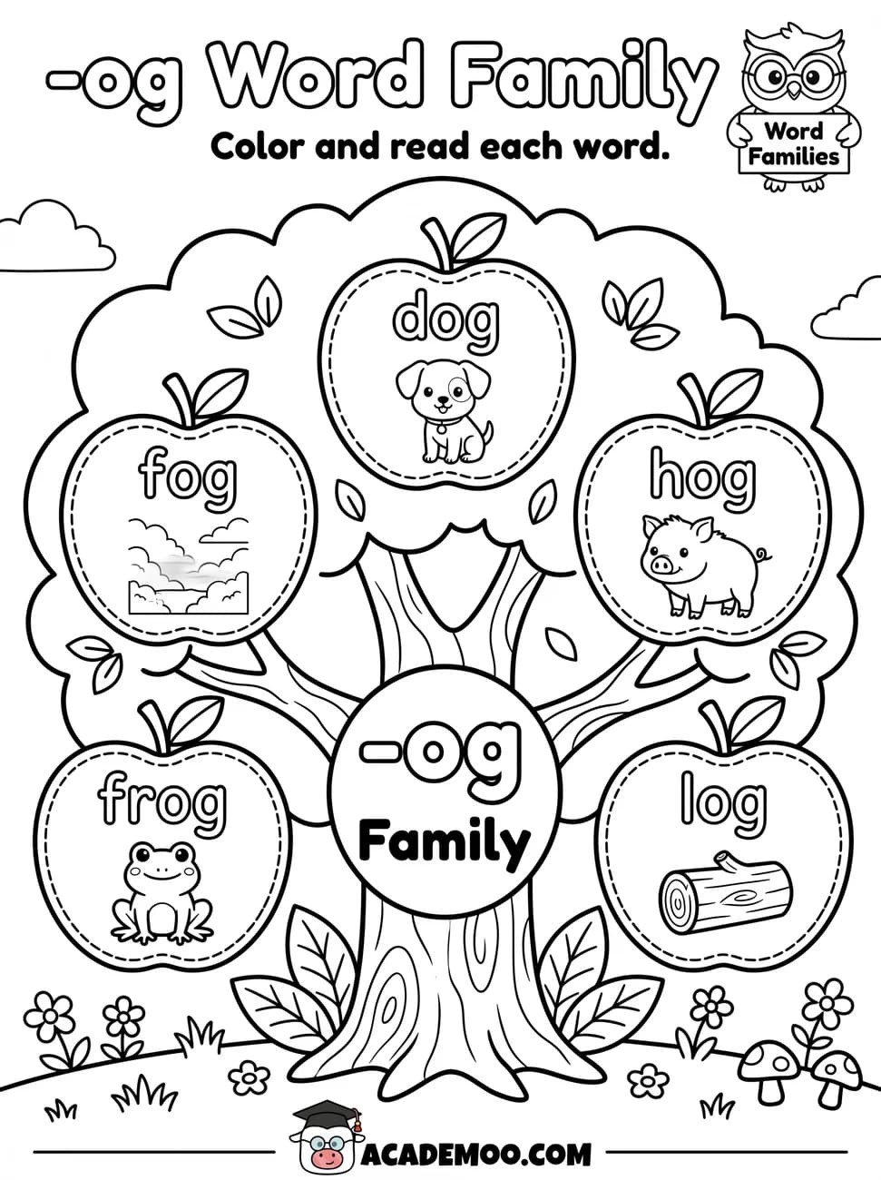 -og Word Family worksheet — kindergarten language arts printable PDF · Color and read each -og word on the apple tree: dog, fog, hog, frog, log.