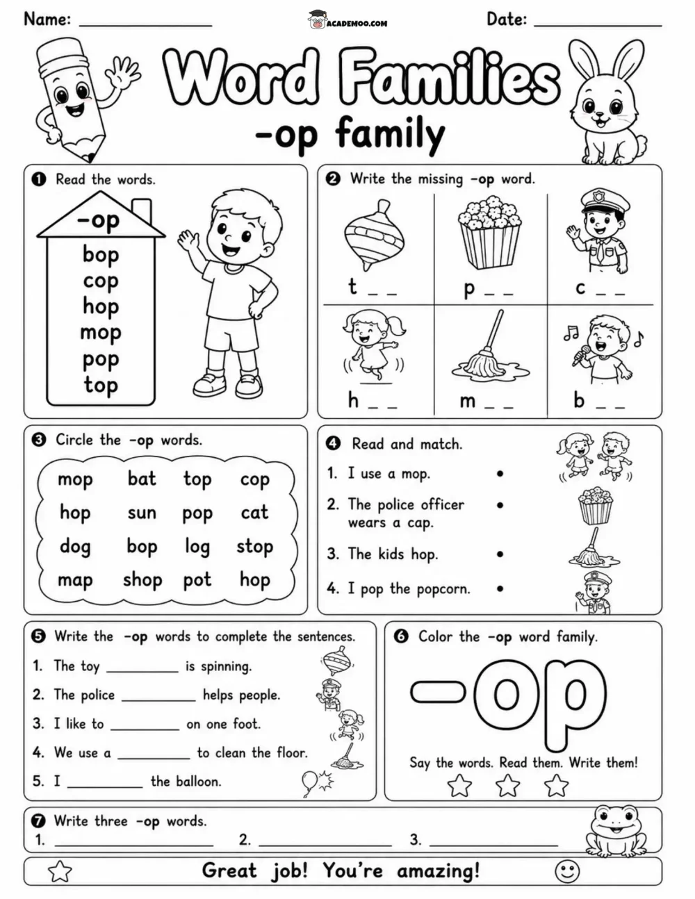 OP Word Family Practice worksheet — kindergarten language arts printable PDF · Printable op word family practice worksheet for Kindergarten.