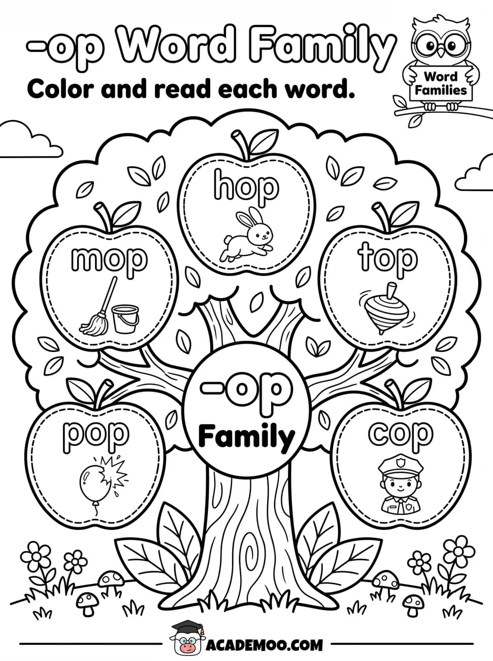 -op Word Family worksheet — kindergarten language arts printable PDF · Color and read each -op word on the apple tree: hop, mop, top, pop, cop.