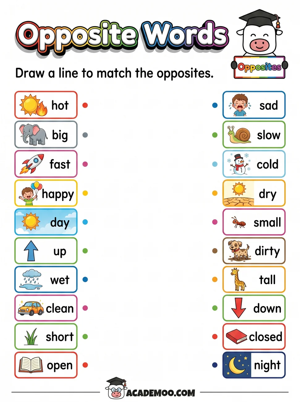Opposite Words Match worksheet — kindergarten language arts printable PDF · Free printable opposite words match worksheet for Kindergarten.