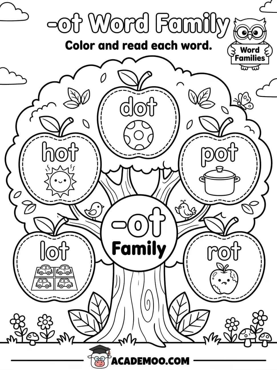 -ot Word Family worksheet — kindergarten language arts printable PDF · Color and read each -ot word on the apple tree: dot, hot, pot, lot, rot.