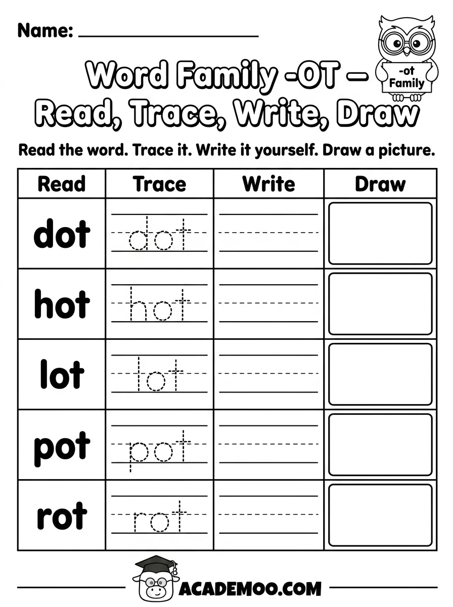OT Word Family Read Trace Write worksheet — kindergarten language arts printable PDF · Free printable ot word family read trace write worksheet for Kindergarten.