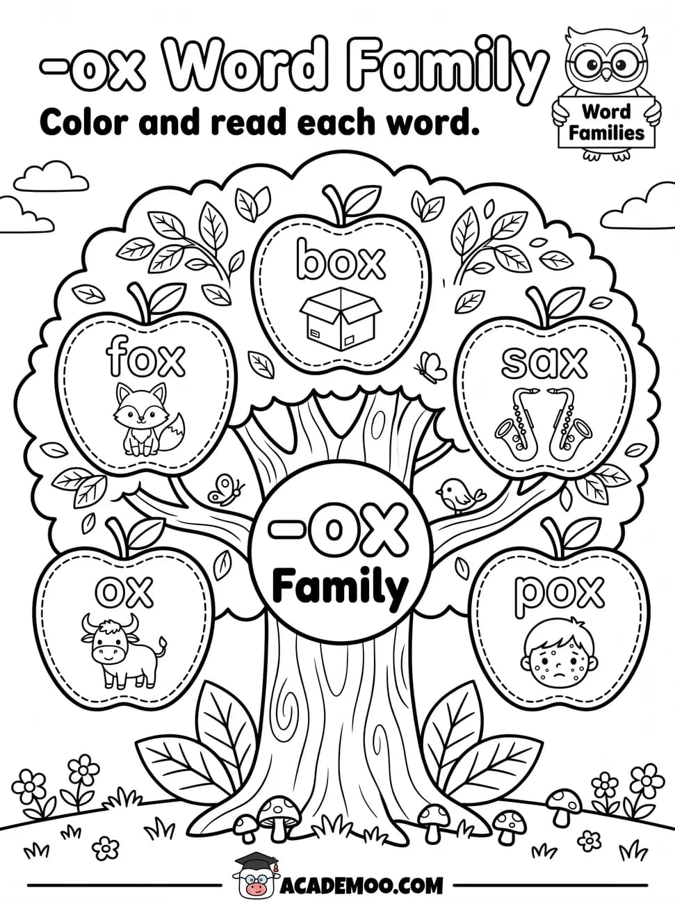 -ox Word Family worksheet — kindergarten language arts printable PDF · Color and read each -ox word on the apple tree: box, fox, sax, ox, pox.
