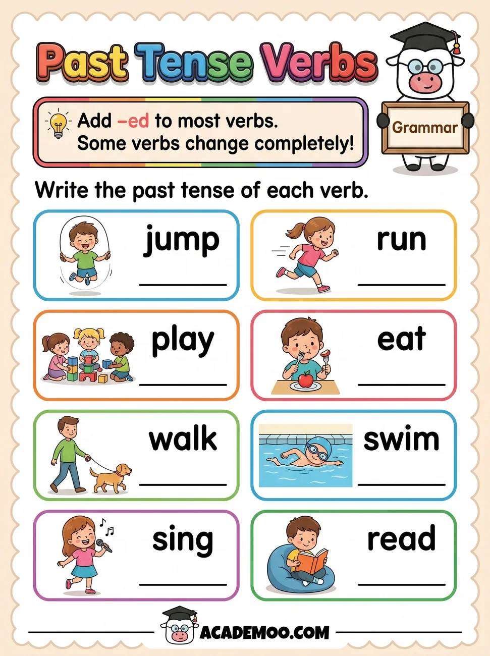 Past Tense Verbs worksheet — 1st grade language arts printable PDF · Free printable past tense verbs worksheet for 1st Grade.