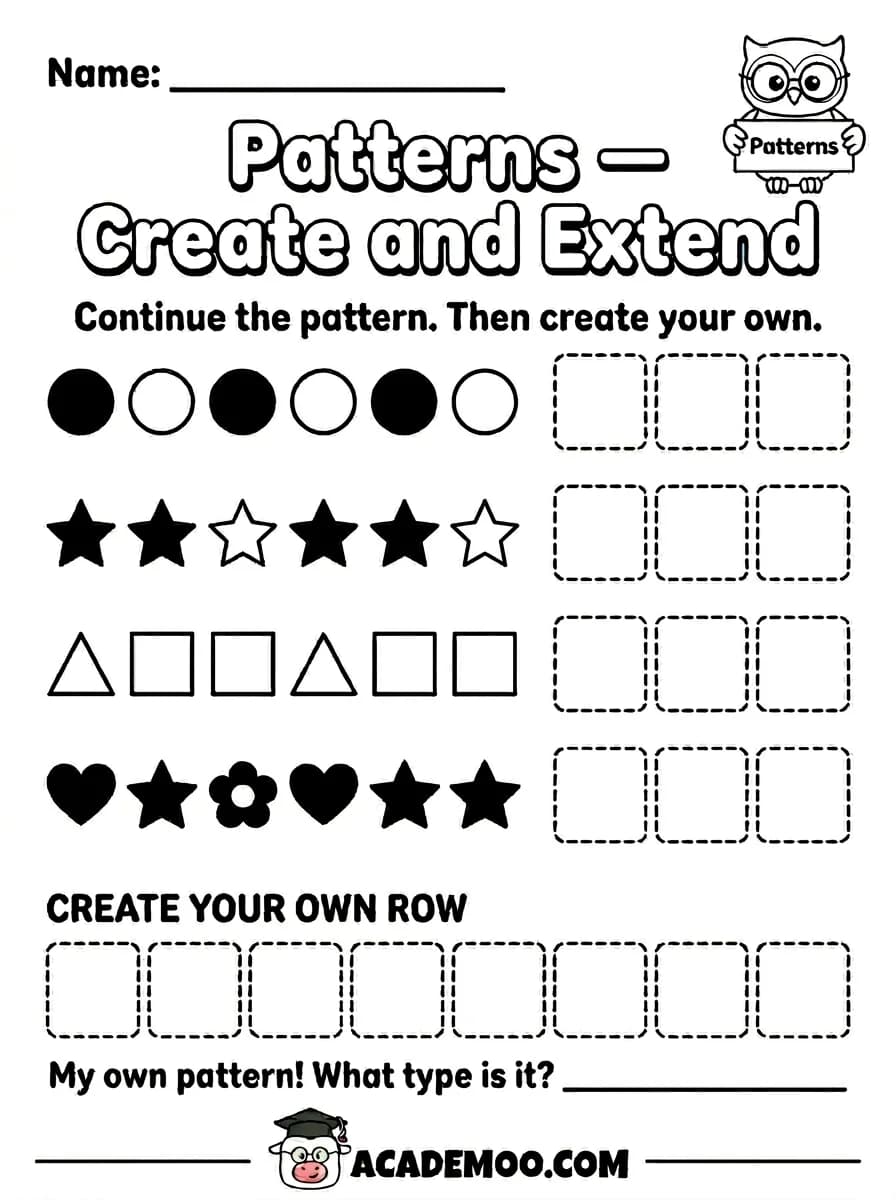 Patterns Create and Extend worksheet — kindergarten math printable PDF · Free printable patterns create and extend worksheet for Kindergarten.