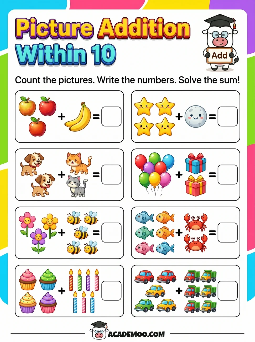 Picture Addition Within 10 worksheet — kindergarten math printable PDF · Free printable picture addition within 10 worksheet for Kindergarten.