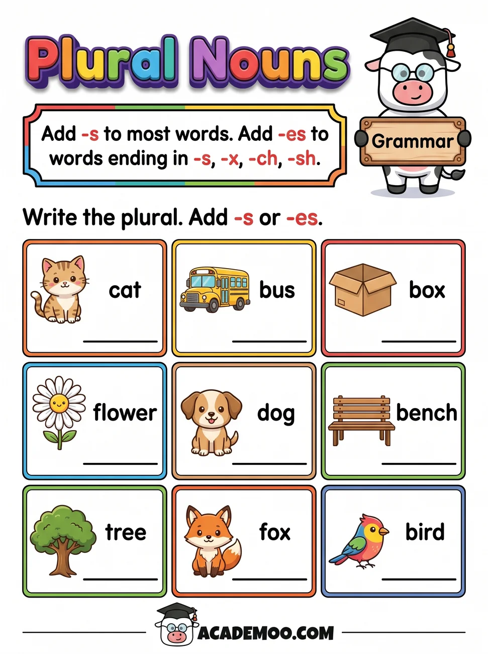Plural Nouns worksheet — 1st grade language arts printable PDF · Free printable plural nouns worksheet for 1st Grade.