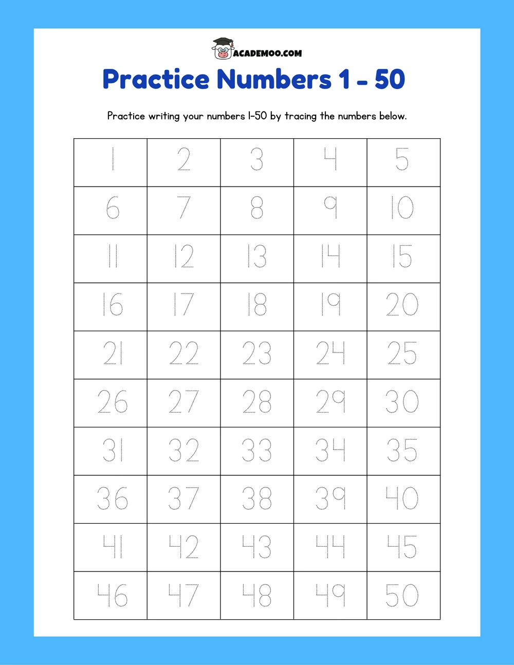 Practice Numbers 1-50 worksheet — kindergarten math printable PDF · Printable practice numbers 1-50 worksheet for Kindergarten.