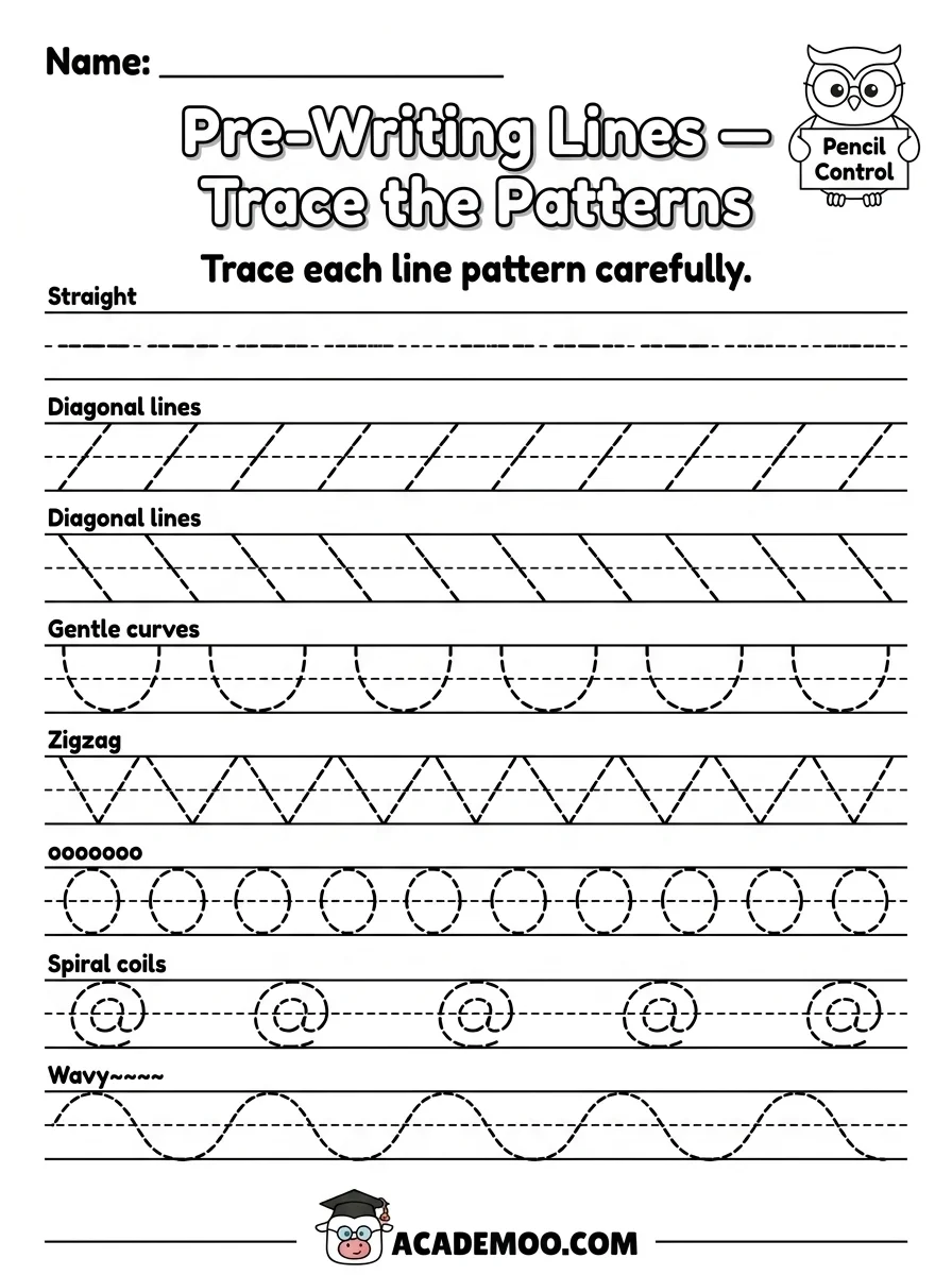 Pre-Writing Lines Trace the Patterns worksheet — pre-k language arts printable PDF · Free printable pre-writing lines trace the patterns worksheet for Pre-K.