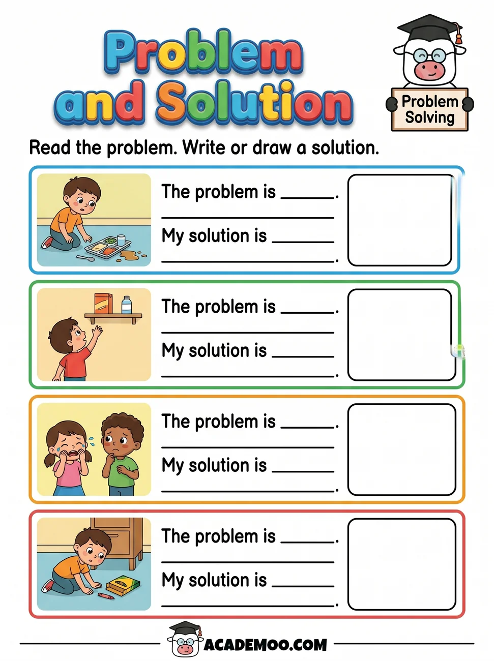 Problem and Solution worksheet — kindergarten language arts printable PDF · Free printable problem and solution worksheet for Kindergarten.