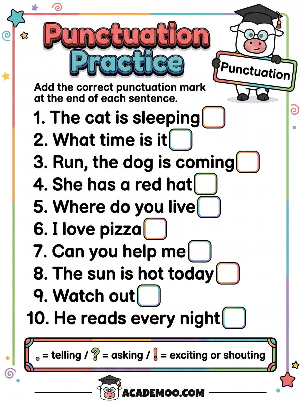 Punctuation Practice worksheet — 1st grade language arts printable PDF · Free printable punctuation practice worksheet for 1st Grade.