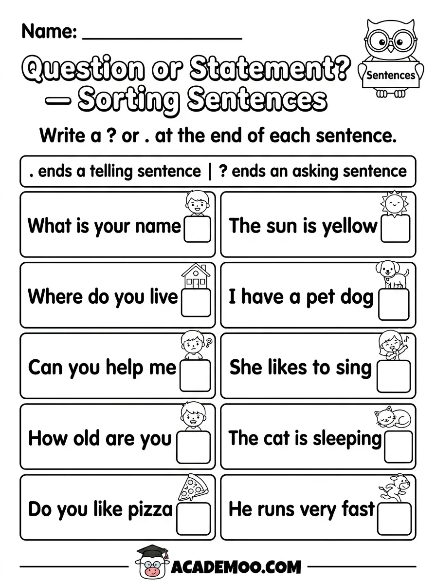 Question or Statement Sorting Sentences worksheet — 1st grade language arts printable PDF · Free printable question or statement sorting sentences worksheet for 1st Grade.