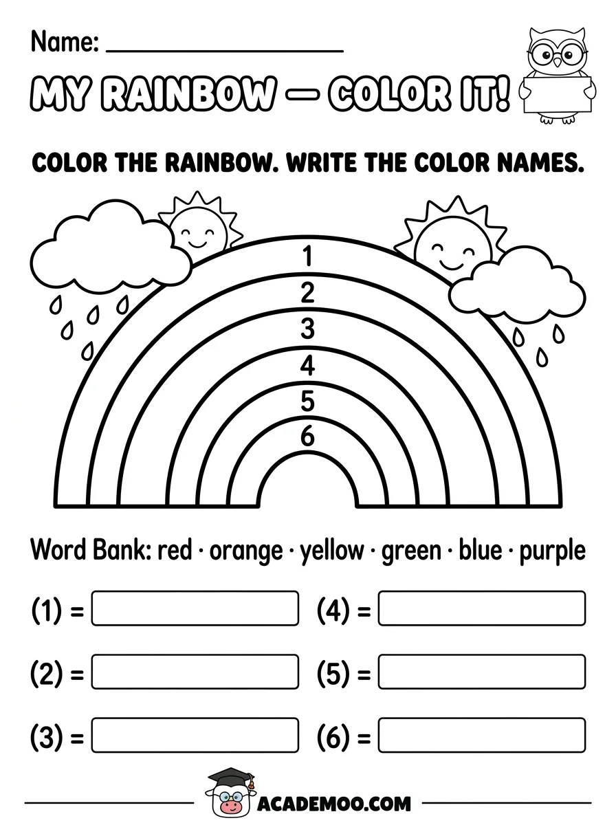Rainbow Color Words worksheet — pre-k math printable PDF · Free printable rainbow color words worksheet for Pre-K.