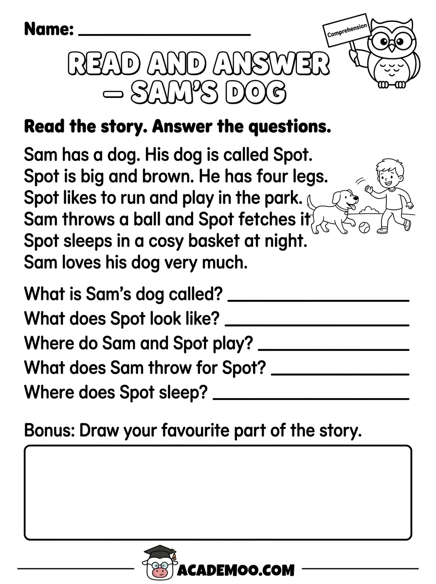 Read and Answer Sam's Dog worksheet — 1st grade language arts printable PDF · Free printable read and answer sam's dog worksheet for 1st Grade.