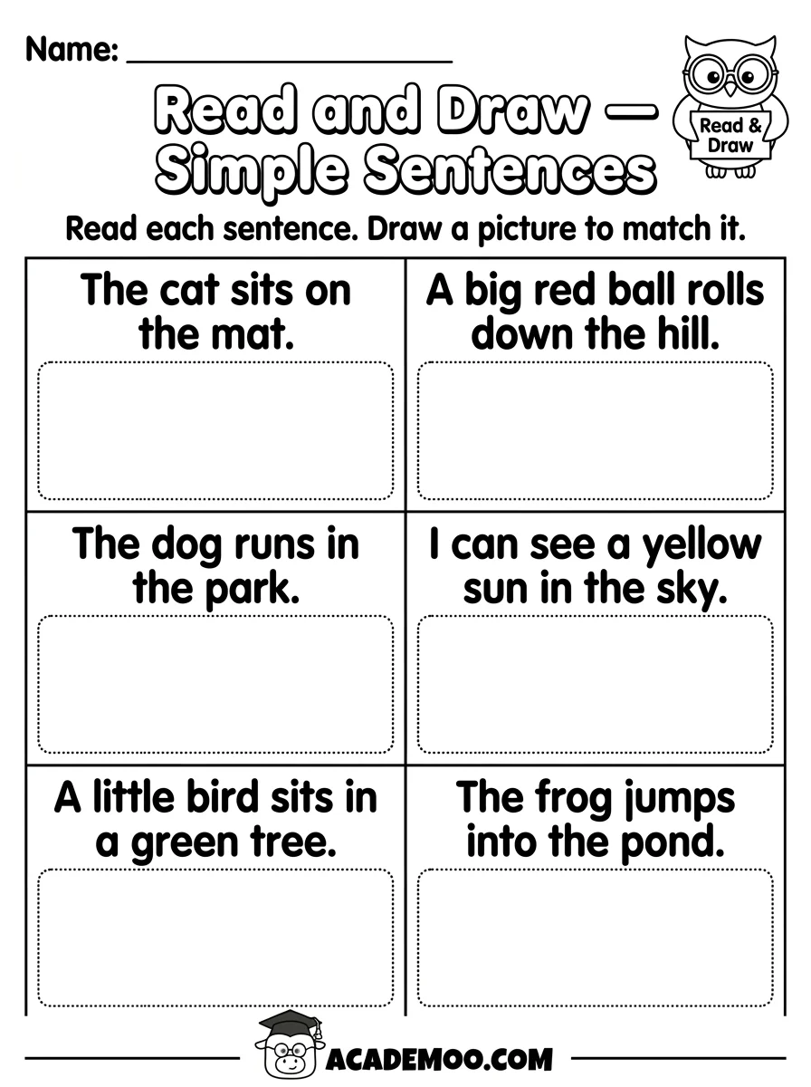 Read and Draw Simple Sentences worksheet — kindergarten language arts printable PDF · Free printable read and draw simple sentences worksheet for Kindergarten.