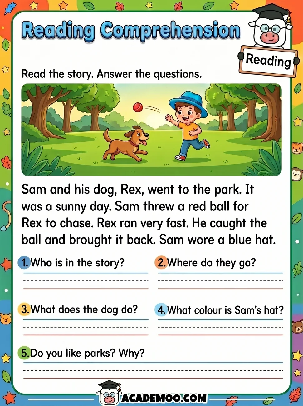 Reading Comprehension Sam and Rex worksheet — 1st grade language arts printable PDF · Free printable reading comprehension sam and rex worksheet for 1st Grade.