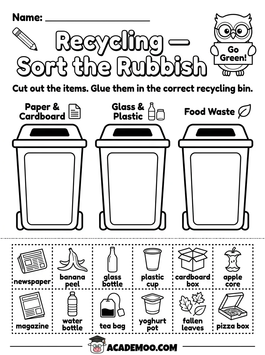 Recycling Sort the Rubbish worksheet — kindergarten science printable PDF · Free printable recycling sort the rubbish worksheet for Kindergarten.