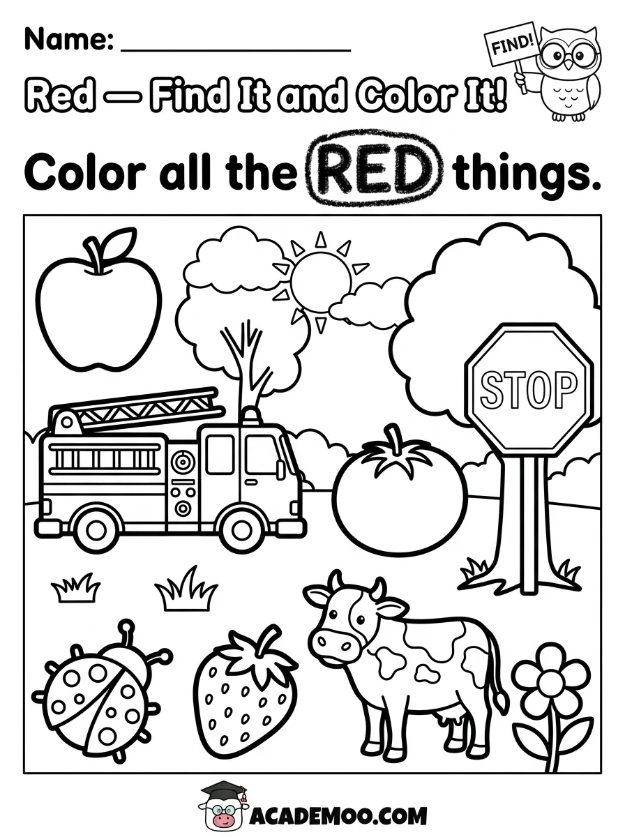 Red Find It and Color It worksheet — pre-k math printable PDF · Free printable red find it and color it worksheet for Pre-K.