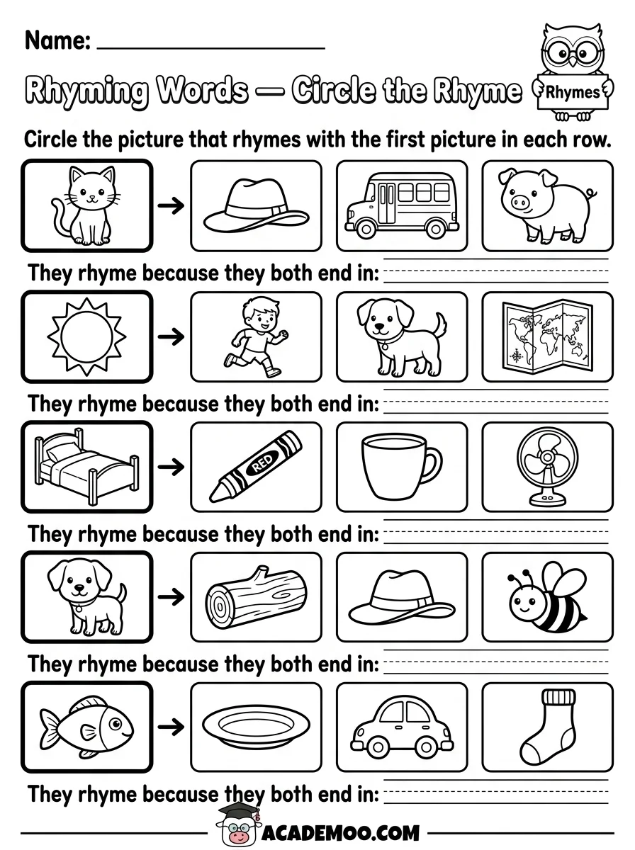 Rhyming Words Circle the Rhyme worksheet — kindergarten language arts printable PDF · Free printable rhyming words circle the rhyme worksheet for Kindergarten.